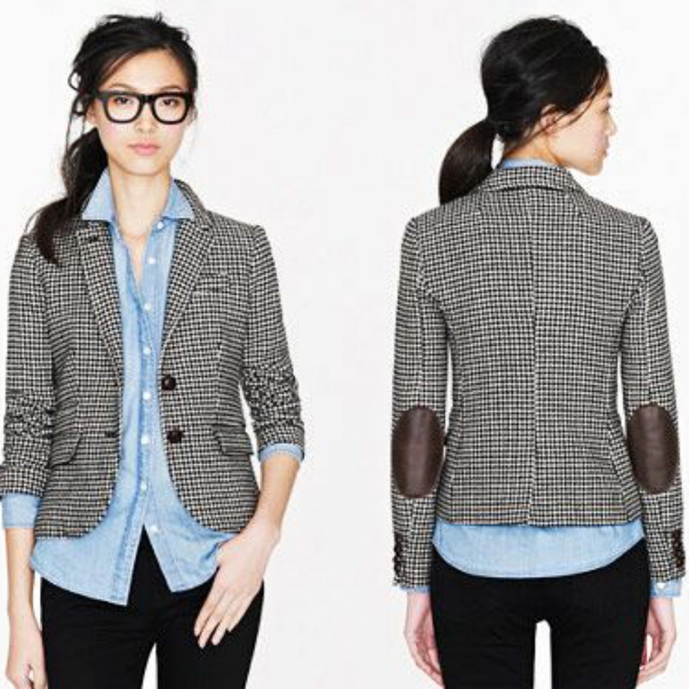J. Crew Black and White Houndstooth Blazer with Brown Elbow Patches